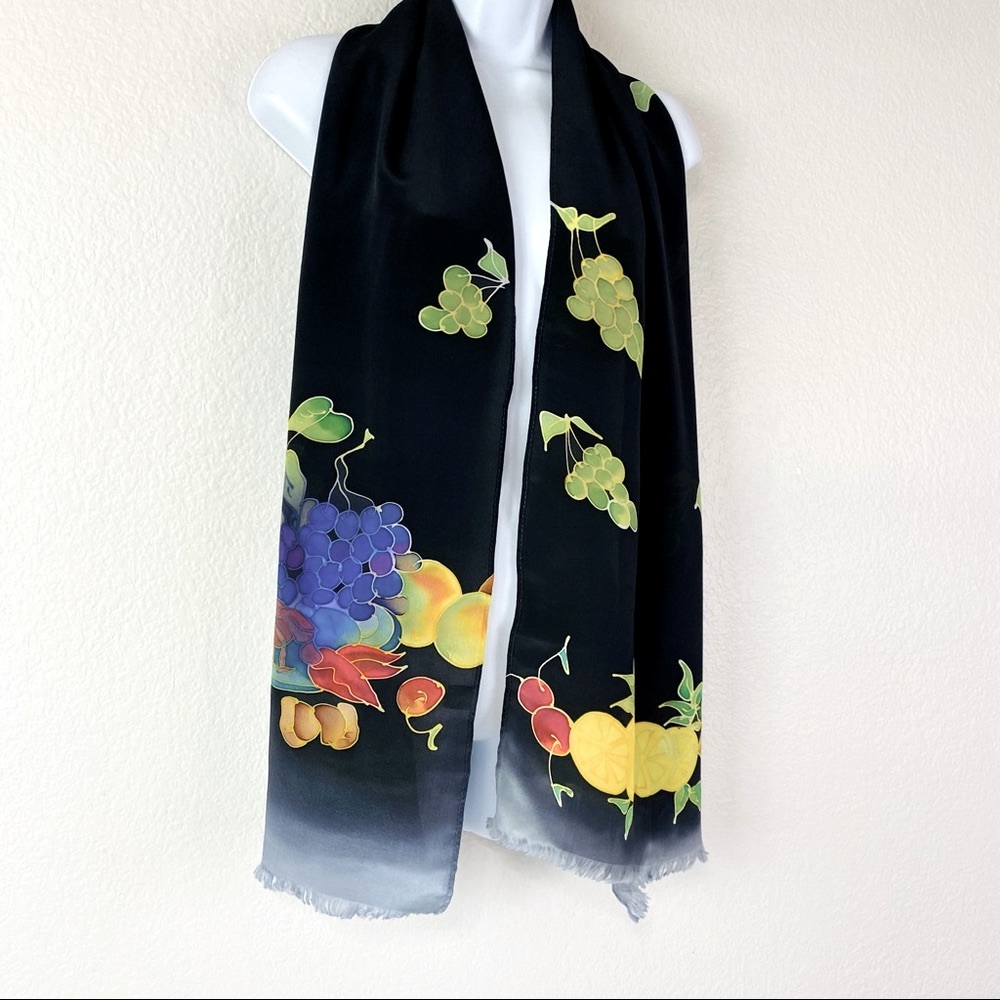 Elegant Black Silk Scarf with Colorful Fruit Design